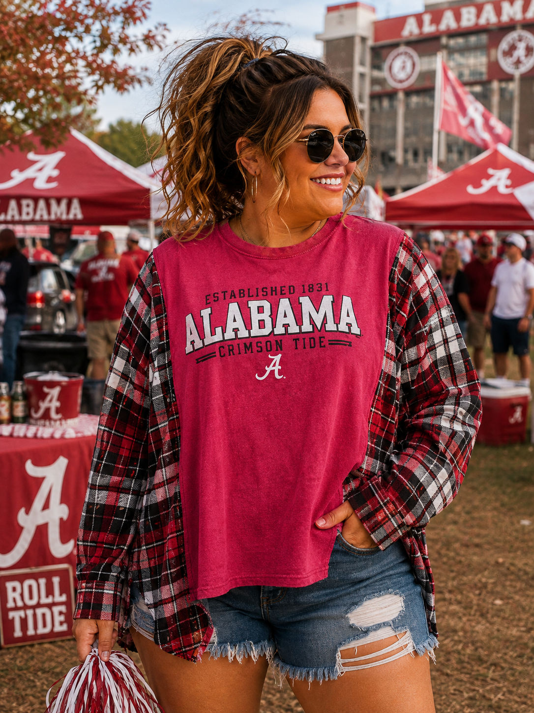 #124 Alabama Crimson Tide Graphic Tee & Plaid Flannel Sleeve Upcycle – Size XL-2X