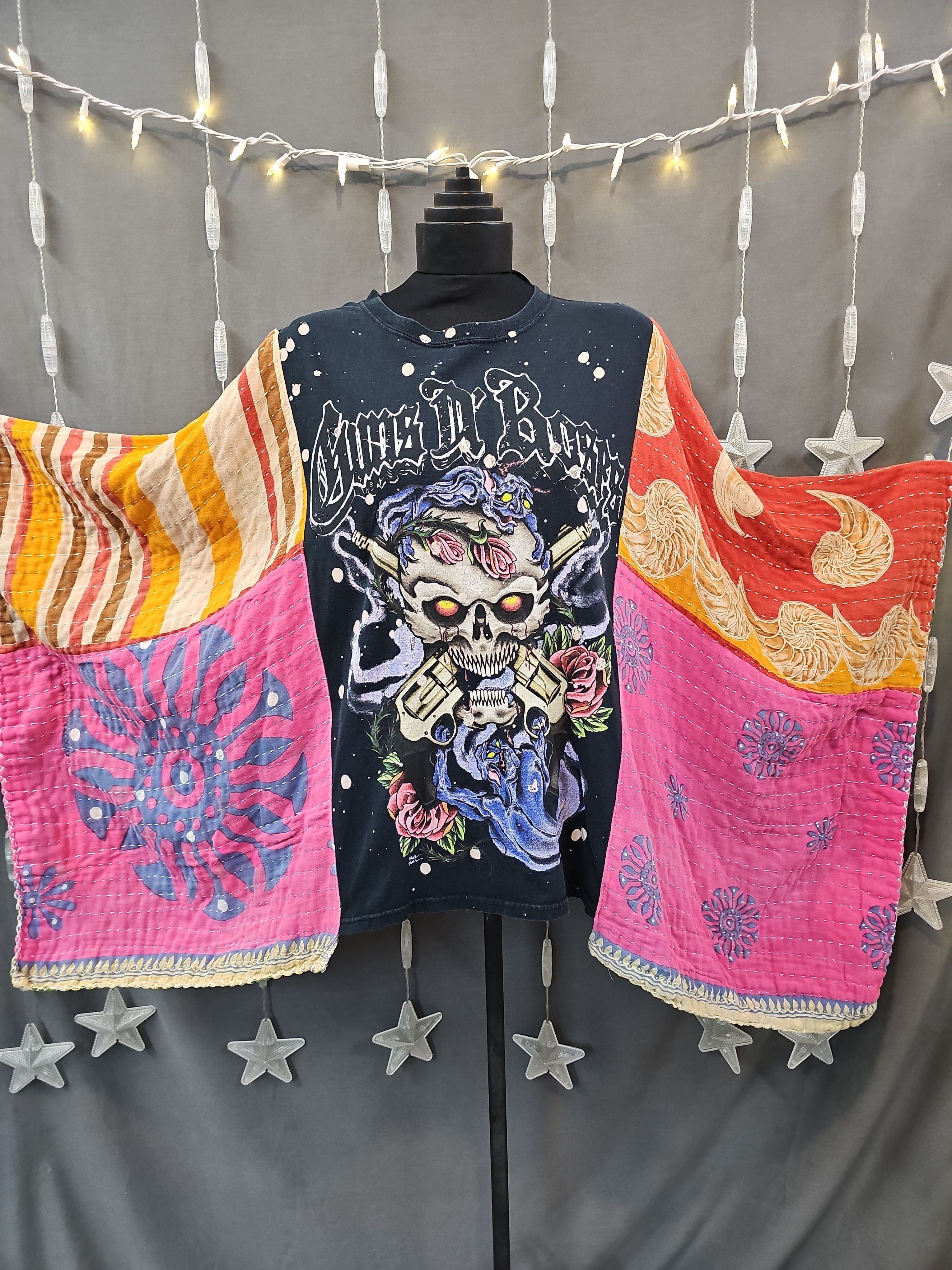 #168 Guns N' Roses Kantha Upcycled Poncho | One Size Fits Most
