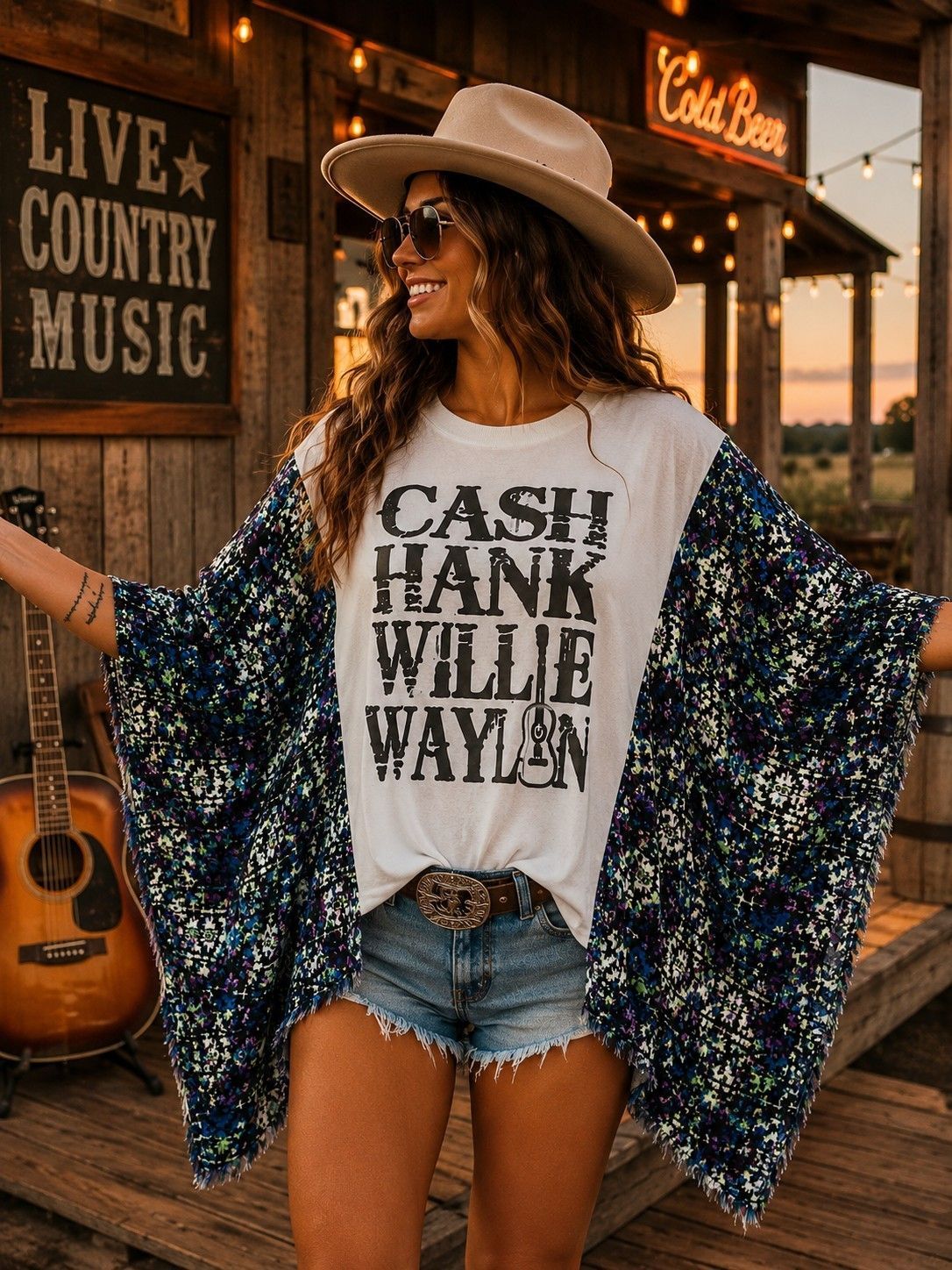 #167 Cash, Hank, Willie & Waylon Upcycled Poncho | One Size Fits Most