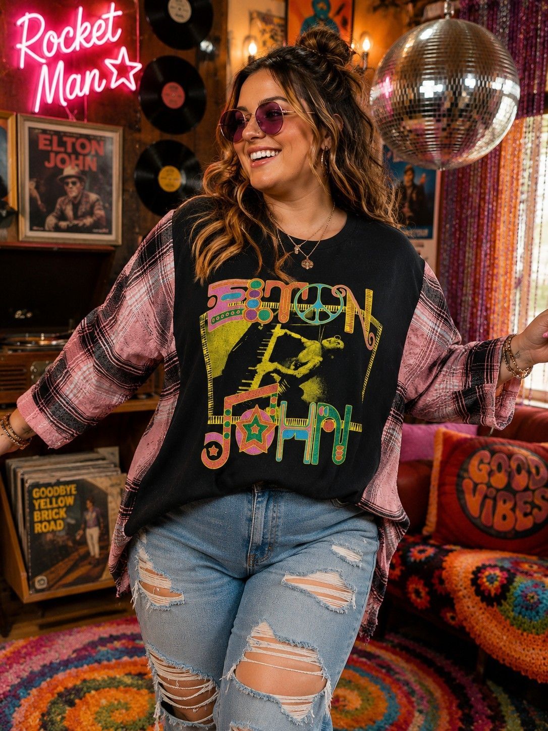#170 Elton John Upcycled Flannel | One Size Fits Most
