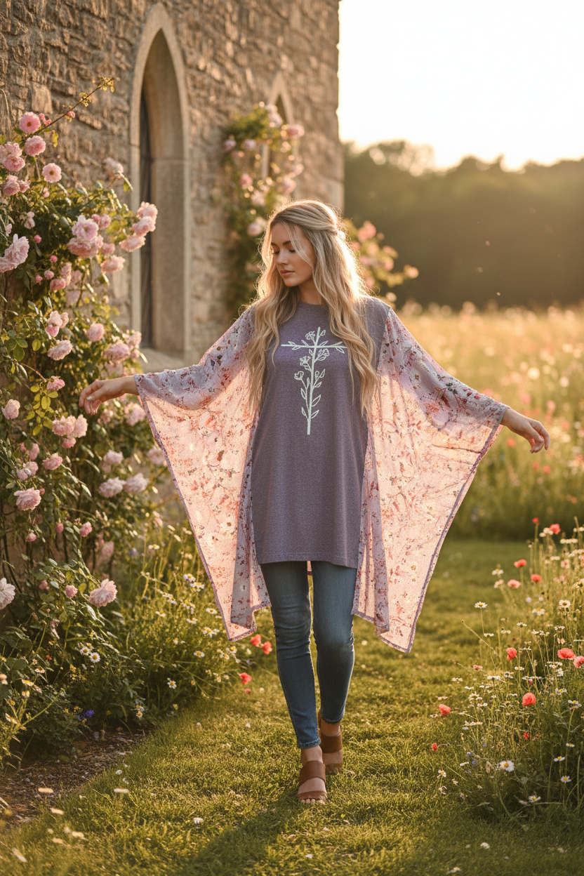 Floral Cross Kimono Tee - Model Shot