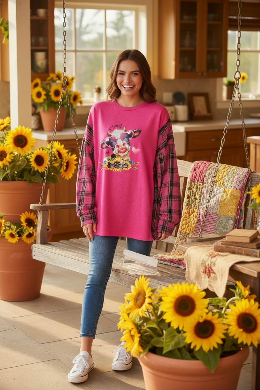 Model wearing Oh Honey I Am That Heifer pink upcycled tee with pink plaid flannel sleeves in farmhouse setting