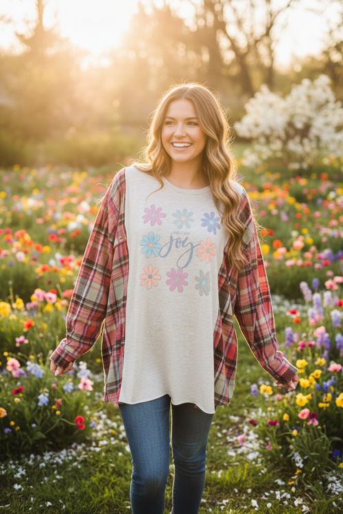 Joy Floral Plaid Tee - Model Shot