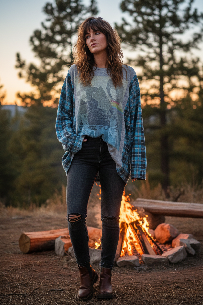 Pink Floyd Flannel Upcycle Campfire Shirt